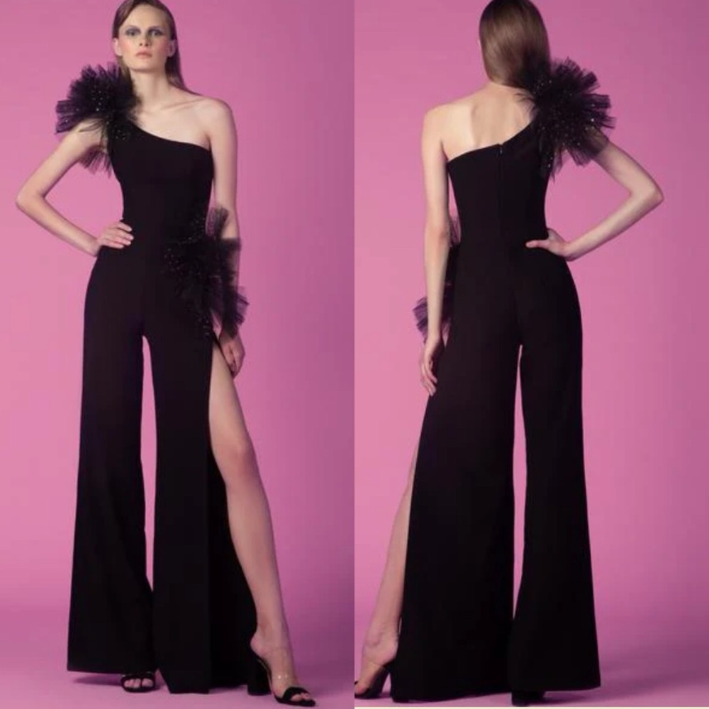 Gemy Maalouf Elegant One Shoulder Jumpsuit Black 6 1592JMP Haute Couture